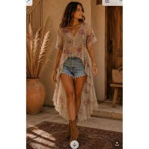 Thread Story Floral High Low Chiffon Tunic  Duster, Kimono‎ women's Large